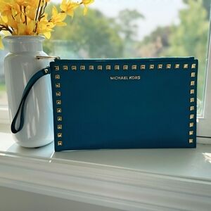 Michael Kors Blue Wristlet with Gold Studs